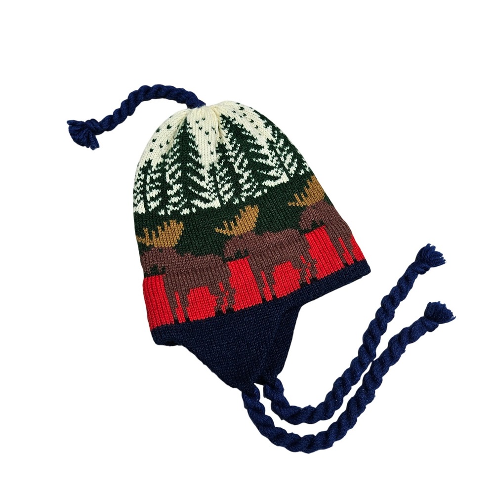 The Maine Mad-Hatter Earflap Beanie Unisex Navy Blue Moose Pine Tree Knit Hat